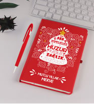 Kişiye Özel Yeni Yıl Dilekleri Yılbaşı Ağacı Kırmızı Defter Kalem Seti 91727