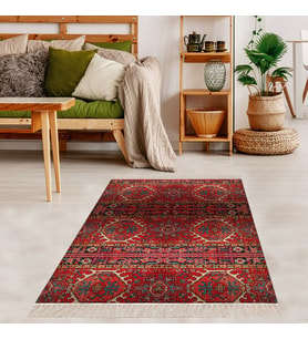 Kilim Desenli Etnik Dijital Baskı Yıkanabilir Kaymaz Taban Modern Salon Halı ve Yolluk (Bordo)