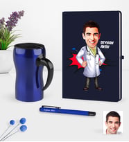 BK Gift Kişiye Özel Bay Doktor Karikatürlü Lacivert Defter Kalem Termos Mug Seti - 2 (Model 1)