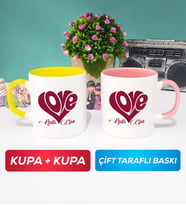 İkili Love Tasarımlı Sevgililer Günü Hediyesi Kupa Bardak Sarı Pembe