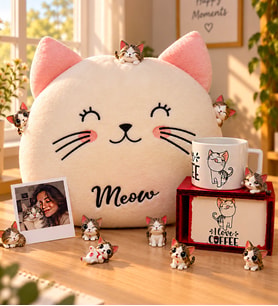 Kişiye Özel Pofuduk Kedi Yastık & 9 Lu Kedi Ailesi Kedi Kupa Arkadaşa Hediye