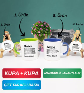 İkili Yeşil Lacivert Kişiye Özel Baba ve Anne Kupa Bardak Anahtarlık Hediye Seti