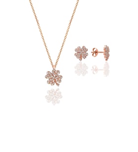 Söğütlü Silver Gümüş rose zirkon taşlı yonca kolye ve küpe gümüş ikili set