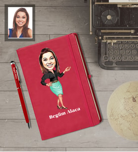 Kişiye Özel Patron Karikatürlü  Kırmızı Defter Kalem Hediye Seti Bayan-15