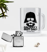 BK Gift Kişiye Özel Galaksinin En İyi Babası Cam Kupa Bardak Benzinli Metal Çakmak Seti-1 (Model 1)