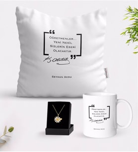 BK Gift Kişiye Özel Atatürk Öğretmen Beyaz Kupa Yastık ve İsimli Papatya Kolye Hediye Seti-1 (Model 1)