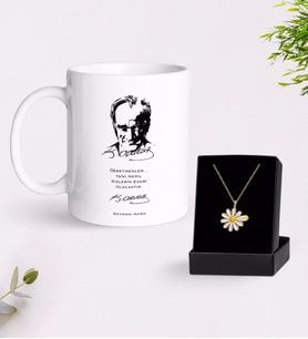 BK Gift Kişiye Özel Atatürk Öğretmen Beyaz Kupa ve Papatya Kolye Hediye Seti-2 (Model 1)