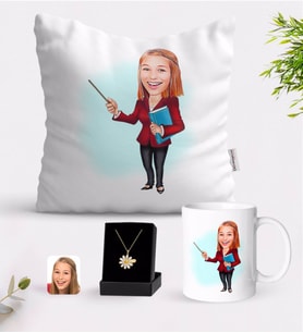 BK Gift Kişiye Özel Bayan Öğretmen Karikatürlü Beyaz Kupa Yastık ve İsimli Papatya Kolye Hediye Seti-3 (Model 1)