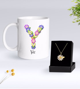 BK Gift Kişiye Özel Çiçek Temalı Harf Kupa ve Papatya Kolye Hediye Seti-27 (Model 1)
