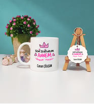 Anneye Doğum Günü Hediyesi Seni Seviyorum Annem Kupa Bardak ve Ahşap Anahtarlık Seti