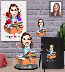 Kişiye Özel Öğretmen Karikatürlü 5 li Hediye Seti Bayan-2