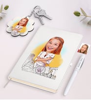 BK Gift Kişiye Özel Kadın Mimar Karikatürlü Beyaz Defter Kalem ve Anahtarlık Hediye Seti (Model 1)