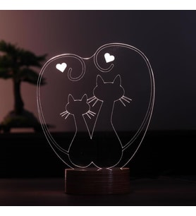 Kediler Led Masa Lambası Çocuk Odası Gece Lambası Ahşap Taban 7 Farklı Işık Renkli