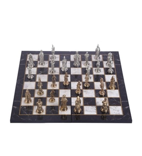 Büyük Boy Metal Osmanlı Bizans Satranç Takımı Parlak ve Katlanır Mermer Desenli MDF Ahşap Satranç Tahta (43x43 cm.)