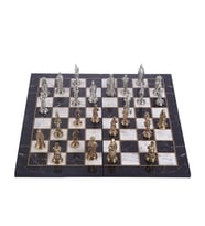 Büyük Boy Metal Osmanlı Bizans Satranç Takımı Parlak ve Katlanır Mermer Desenli MDF Ahşap Satranç Tahta (43x43 cm.)