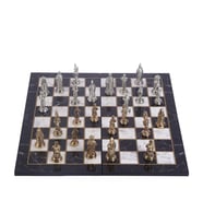 Büyük Boy Metal Osmanlı Bizans Satranç Takımı Parlak ve Katlanır Mermer Desenli MDF Ahşap Satranç Tahta (43x43 cm.) (Çok Renkli)