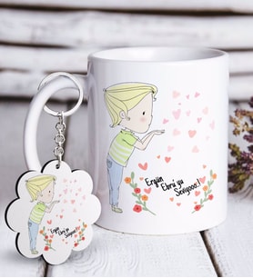 BK Gift Kişiye Özel Sevgililer Günü Beyaz Kupa ve Anahtarlık Hediye Seti-61 (Model 1)