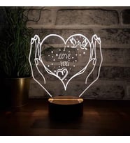 Kalpli I Love You Figürlü Dekoratif Hediye Led Masa Lambası 7 Işık Rengi Ahşap Taban