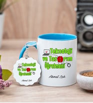 Teknoloji Ve Tasarım Öğretmeni Mavi Kupa Bardak Ve Anahtarlık Set
