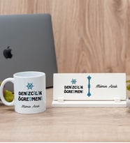 Denizcilik Öğretmeni Beyaz Kupa Bardak Ve Masa İsimliği Hediye Seti