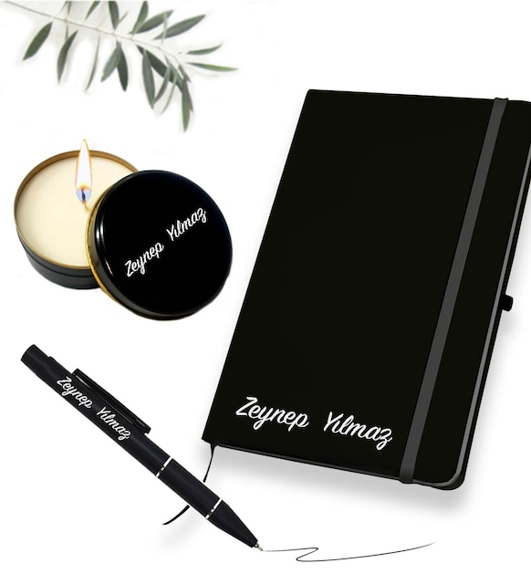 Kişiye Özel Deri Defter & Kalem & Kokulu Mum Hediye Seti