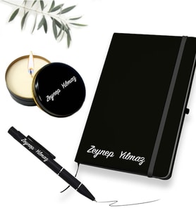 Kişiye Özel Deri Defter & Kalem & Kokulu Mum Hediye Seti