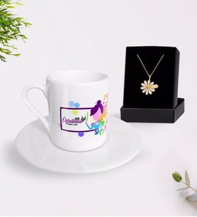 BK Gift Kişiye Özel En İyi Öğretmen Türk Kahvesi Fincanı ve İsimli Papatya Kolye Hediye Seti-2 (Model 1)