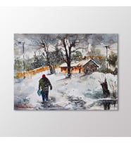 Arty Tablo Suluboya Karlar Altındaki Ev Tablo (Karışık)