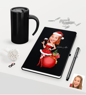 BK Gift Kişiye Özel Yılbaşı Bayan Karikatürlü Siyah Defter Kalem Termos Mug Seti - 1
