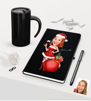 BK Gift Kişiye Özel Yılbaşı Bayan Karikatürlü Siyah Defter Kalem Termos Mug Seti - 1