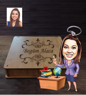 Kişiye Özel Öğretmen Karikatürlü  Ahşap Anahtarlık Kutulu Bayan-3