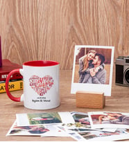 Kişiye Özel Kalpli Kırmızı Kupa Bardak ve Ahşap Standlı Polaroid Set