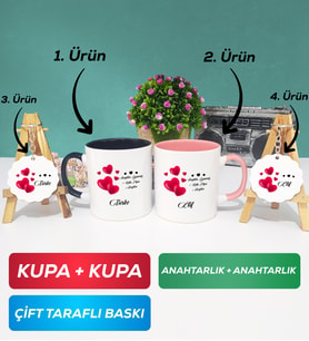 İkili Siyah Pembe Sevgililer Günü Hediyesi Kupa Bardak Anahtarlık