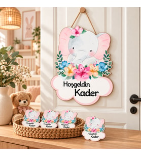 Kişiye Özel Bebek Kapı Süsü Ve 50 Adet Magnet Seti Çiçekli Ayı