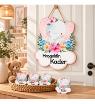 Kişiye Özel Bebek Kapı Süsü Ve 50 Adet Magnet Seti Çiçekli Ayı