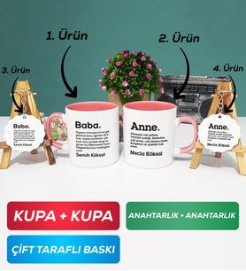 İkili Pembe Kişiye Özel Baba ve Anne Kupa Bardak Anahtarlık Hediye Seti