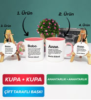 İkili Pembe Kişiye Özel Baba ve Anne Kupa Bardak Anahtarlık Hediye Seti