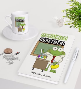 BK Gift Kişiye Özel Fen Bilimleri Öğretmeni Beyaz Defter Kalem Türk Kahvesi Fincanı Seti-2 (Model 1)
