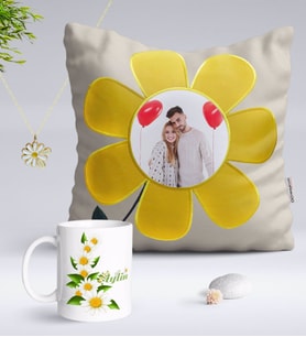 BK Gift Kişiye Özel Fotoğraflı Papatya Yastık Kupa ve Çift İsimli Papatya Kolye-8 (Model 1)