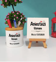Anestezi Uzmanı Tasarımlı Kişiye Özel Hediye Anestezi Uzmanı Kalemlik ve Dekoratif Taş Baskı Seti