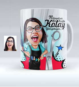 BK Gift Kişiye Özel Bayan Kuaför Karikatürlü Beyaz Kupa Bardak  1