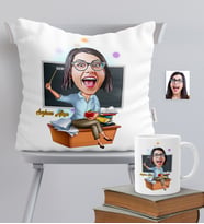 BK Gift Kişiye Özel Bayan Öğretmen Temalı Karikatürlü Yastık Kupa Seti - 2
