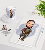 BK Gift Kişiye Özel Asker Karikatürlü Beyaz Defter Kalem Türk Kahvesi Fincanı Seti-2 (Model 1)