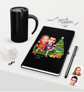 BK Gift Kişiye Özel Sevgililer Karikatürlü Siyah Defter Kalem Termos Mug Seti - 4 (Model 2)