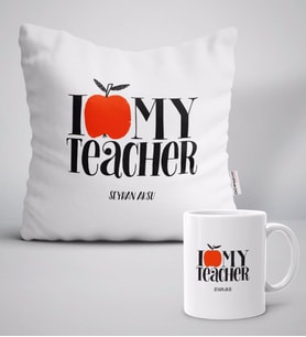 BK Gift Kişiye Özel Öğretmenimi Seviyorum Beyaz Yastık Kupa Seti-3 (Model 1)
