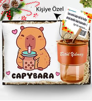 Kişiye Özel Kapibara Yastık & Deri Cam Pipetli Bardak Kutulu Hediye Seti