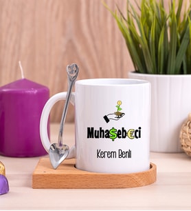 Muhasebeci Ahşap Altlıklı Beyaz Kupa Bardak