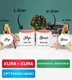 İkili Pembe Sevgiliye Hediye İsme Özel Sevgililer Günü Hediyesi Kupa Bardak Anahtarlık Hediye Seti