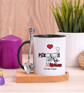 Psikoloji Öğretmeni Ahşap Altlıklı Siyah Kupa Bardak