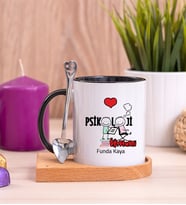 Psikoloji Öğretmeni Ahşap Altlıklı Siyah Kupa Bardak